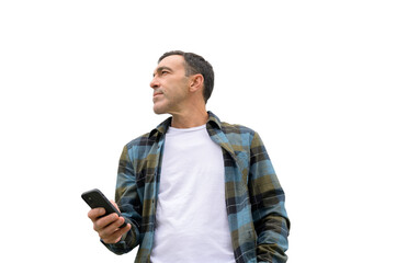 PNG of Serious ethnic man in casual clothes with smartphone