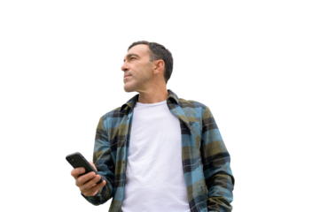 PNG of Serious ethnic man in casual clothes with smartphone