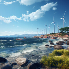 turbiny wiatrowe stojące nad brzegiem morza, w słoneczny dzień. - obrazy, fototapety, plakaty