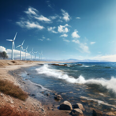 turbiny wiatrowe stojące nad brzegiem morza, w słoneczny dzień.
