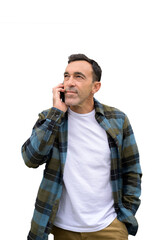 PNG of Smiling man talking on smartphone and looking away