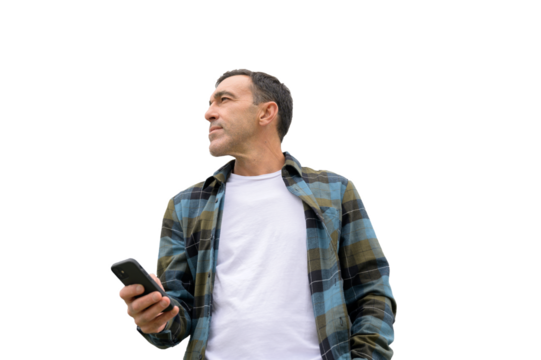 PNG of Serious ethnic man in casual clothes with smartphone