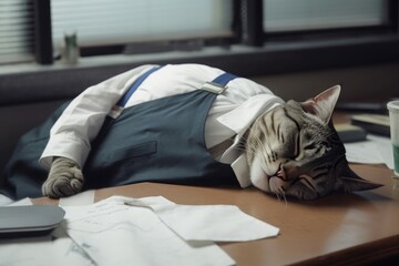 Sleepy cat office clothes. Animal home kitten. Generate Ai - obrazy, fototapety, plakaty