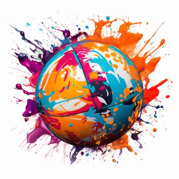 An artistic representation of a Dodgeball covered in splashes of vibrant paint, symbolizing the speed and agility of the game.