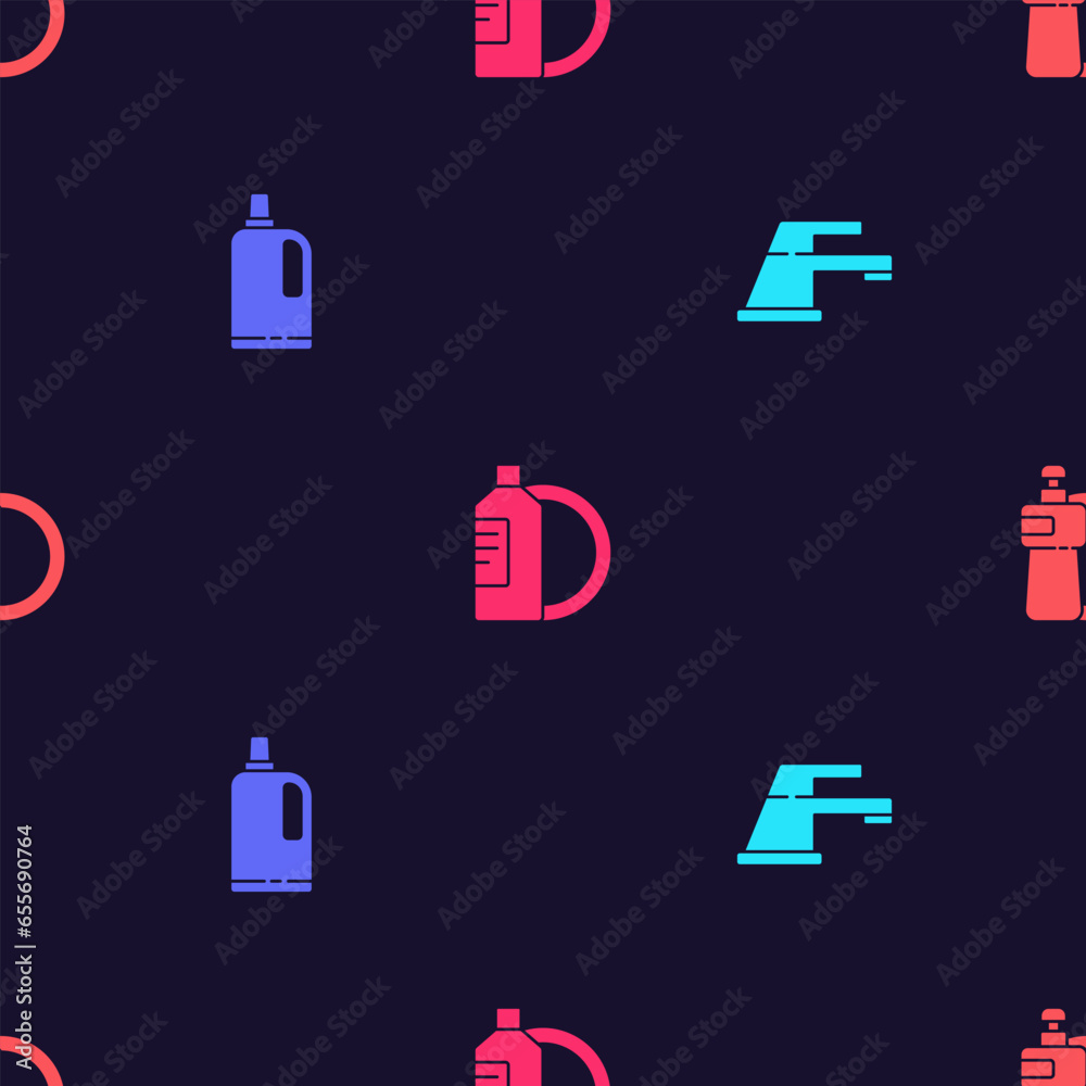 Poster Set Water tap, Fabric softener, Dishwashing liquid bottle and plate and on seamless pattern. Vector