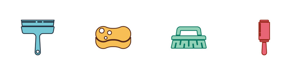 Set Rubber cleaner for windows, Sponge, Brush cleaning and Adhesive roller icon. Vector