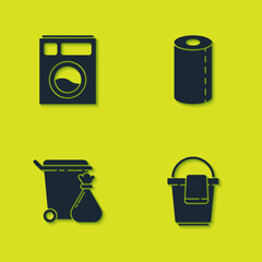 Set Washer, Bucket with rag, Trash can and garbage bag and Paper towel roll icon. Vector