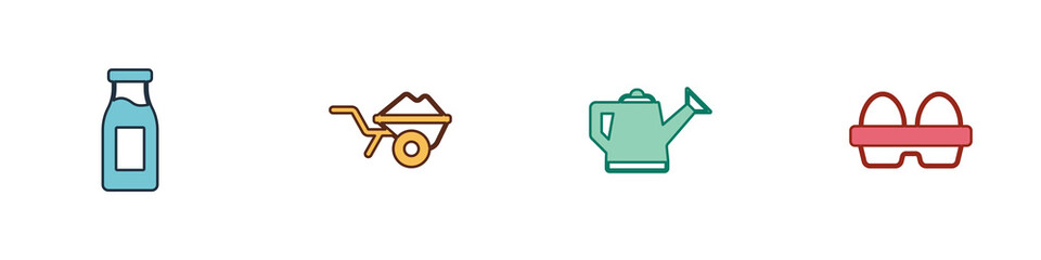 Set Bottle with milk, Wheelbarrow dirt, Watering can and Chicken egg box icon. Vector