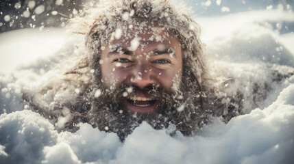 Crazy bearded man ran out of the bath on the snow.