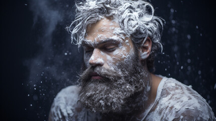 Crazy bearded man ran out of the bath on the snow.