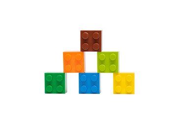 Multicolored square Lego blocks close up. Kherson, Ukraine - January 21, 2021. - obrazy, fototapety, plakaty