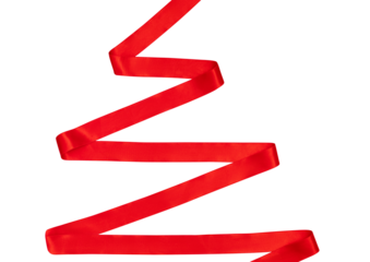 Red ribbon in the shape of a Christmas tree.