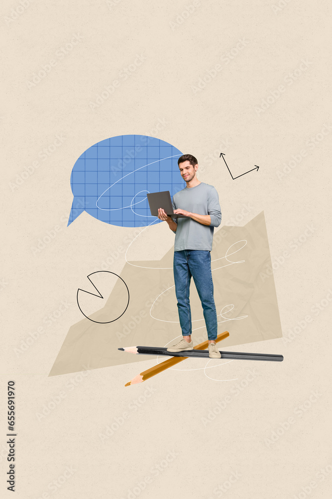 Poster collage magazine of handsome man student solving homework analyzing diagram isolated on drawing beig