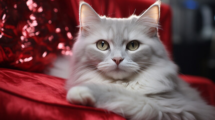 Cat under the tree next to Christmas gifts, lantern and decorations