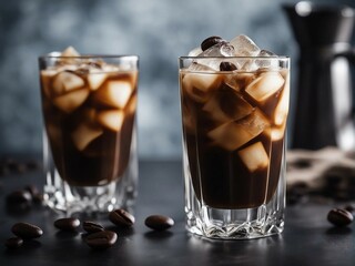 Iced coffee in a tall glass with cream poured over it, ice cubes and coffee beans are on the dark marble table