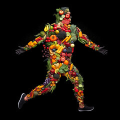 Human shaped object made of food, vegetables. I take care of myself, we are what we eat