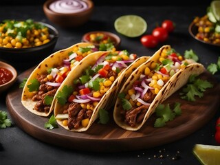 Mexican tacos with beef and vegetables on wooden serving board