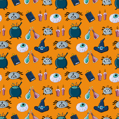 Seamless pattern Halloween - eye, cauldron with potion, flasks with potion, candles, witch hat, spell book, spiders. Vector doodle illustration orange background for packaging, wallpaper, web 