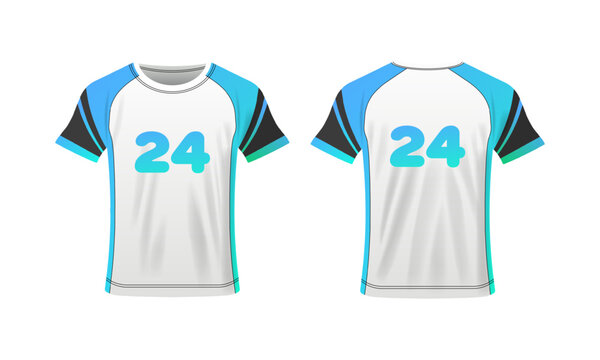 T-shirt mockup. Flat, white blue, t-shirt layout, t-shirt with 24 number, clothing layout. Vector illustration