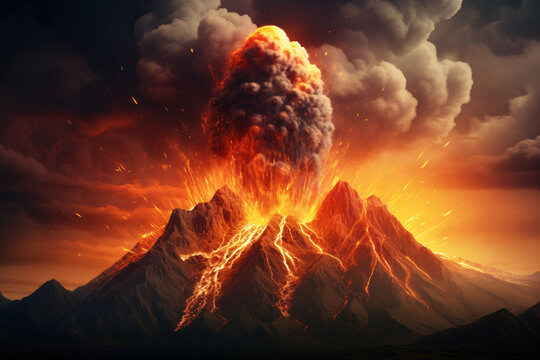 An illustration of a volcano erupting with lava flowing like a red rivers,  clouds of smoke come out from the mountain
