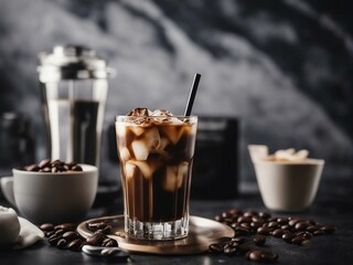 Iced coffee in a tall glass with cream poured over it, ice cubes and coffee beans are on the dark marble table