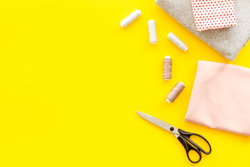 Sewing dress workshop desk top with fashion designer dressmaker accessories