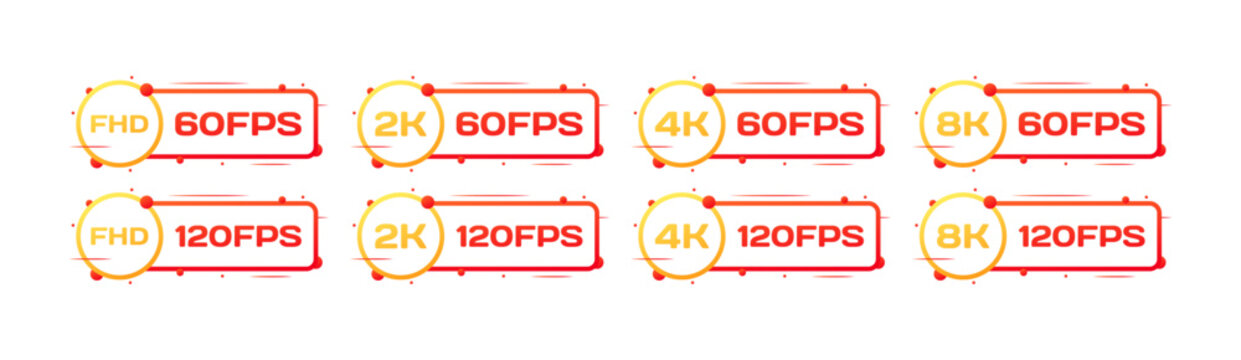 Resolution and fps icons. Flat, red, 60 or 120 fps icons, Full HD, 2K, 4K resolutions, resolutions and fps. Vector icons