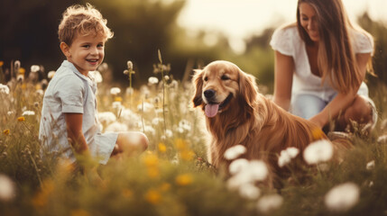 Woman with her little son is playing with dog on the summer field