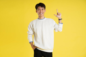 Portrait of young Asian man wearing sweater and posing on yellow background