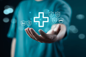 Businessman holds medical network connection icon health, medical, insurance, healthcare, care, concept. Medical technology services to solve public health problems medical business digital and health