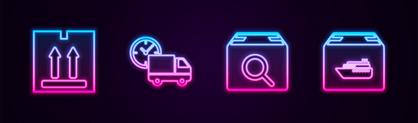 Set line Cardboard box with traffic, Delivery truck and clock, Search package and Cargo ship boxes. Glowing neon icon. Vector