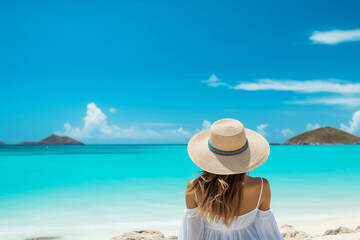 Fototapeta na wymiar serenity of a female traveler as she relaxing in the beach