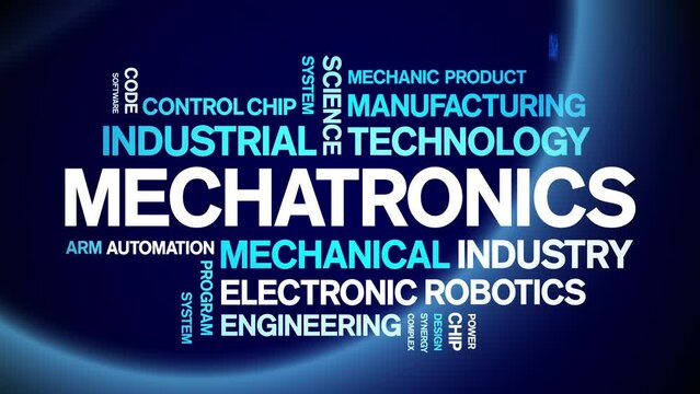Mechatronics animated tag word cloud;text design animation kinetic typography seamless loop.