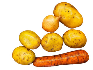 A set of fresh vegetables on a transparent background, potatoes, onions, carrots