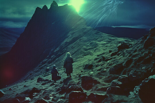 Silhouette of two figures men walking on rocky hill underneath of moonlight shine as guide