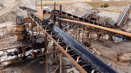 Sand quarry banner, Industrial plant with belt conveyor in open pit mining. Construction site, Industry machine for stone crusher - obrazy, fototapety, plakaty