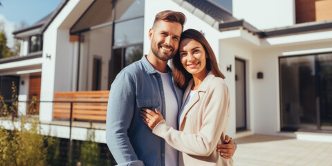 Happy young couple standing in front of new home