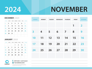 Calendar 2024 template, November 2024 year, Desk Calendar 2024 template, Week Start On Sunday, Wall calendar design, Planner layout, Stationery, Poster, printing media, Blue background vector