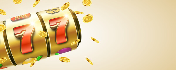 Slot machine with golden coins. Lucky seven on slot machine. Vector illustration.