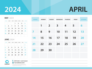 Calendar 2024 template, April 2024 year, Desk Calendar 2024 template, Week Start On Sunday, Wall calendar design, Planner layout, Stationery, Poster, printing media, Blue background vector