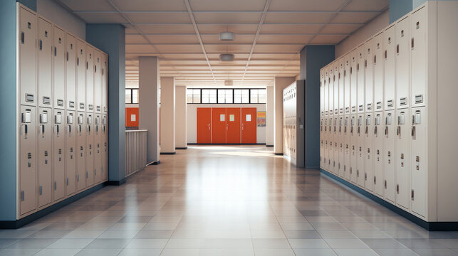 High school hallway with lockers. Education conception