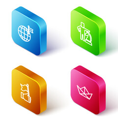 Set Isometric line Planet with flag, Chess, Hand holding and Folded paper boat icon. Vector
