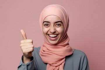 Muslim cute girl thumb up. Pretty young. Generate Ai