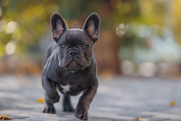 Active, smile and happy grey French bulldog puppy dog outdoors in grass park on sunny autumn day