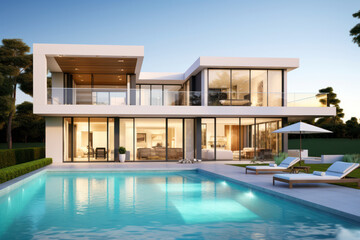 Fototapeta premium Exterior of modern minimalist cubic villa with swimming pool at sunset. Generative AI