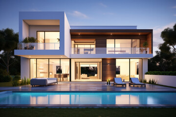 Fototapeta na wymiar Exterior of modern minimalist cubic villa with swimming pool at sunset. Generative AI