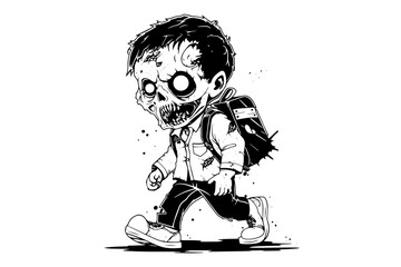 Zombie with a backpack hand drawn ink sketch. Vector illustration in engraving style