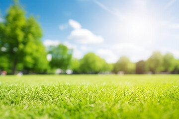 natural grass field background with blurred bokeh and sun. Ai generative