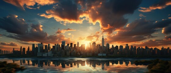 inspiring cityscape at sunset for website banner background