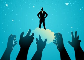 Confident businessman standing on a cloud, hands on hips, surrounded by stars, while hands reach out in an attempt to touch him. Represents exaltation, glory, and the embodiment of a strong figure